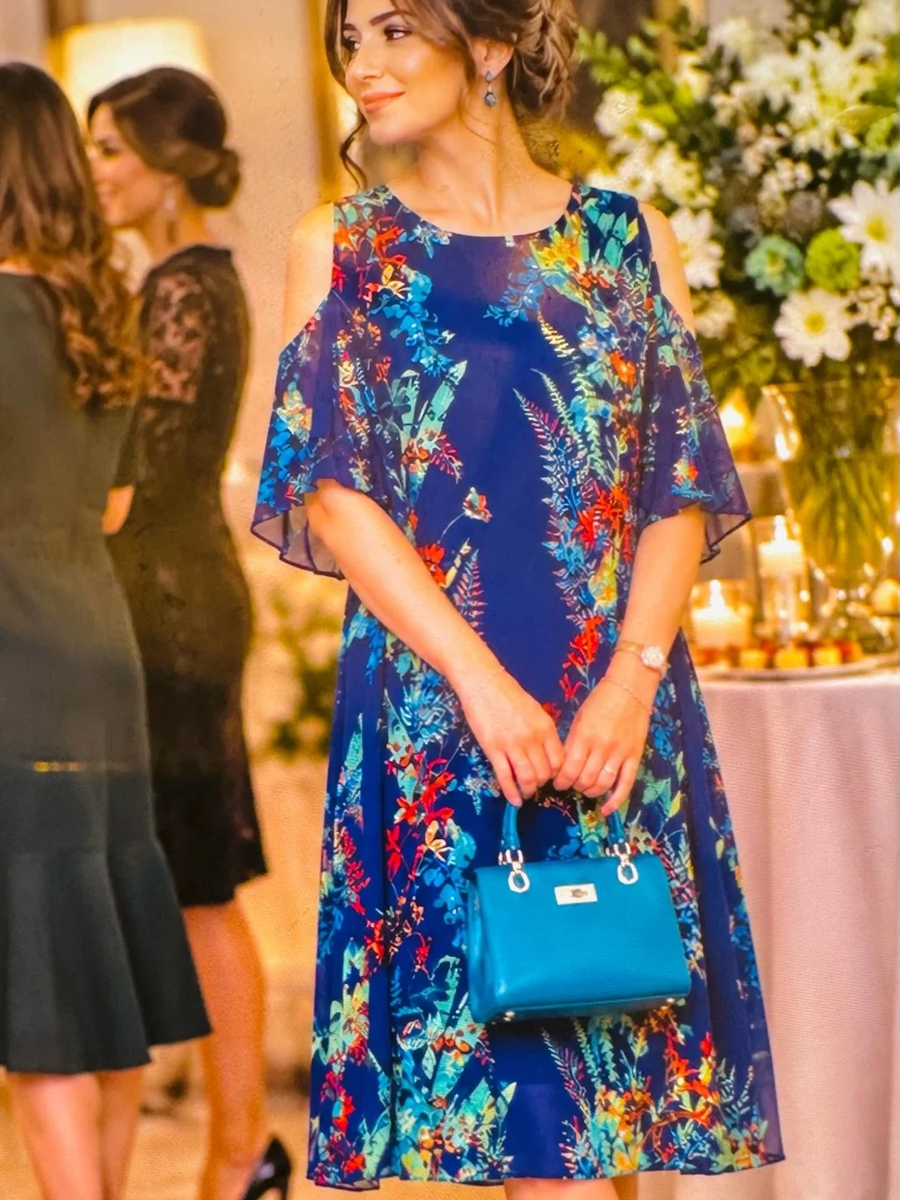 City Streets Navy Floral Cold-Shoulder A-Line Dress